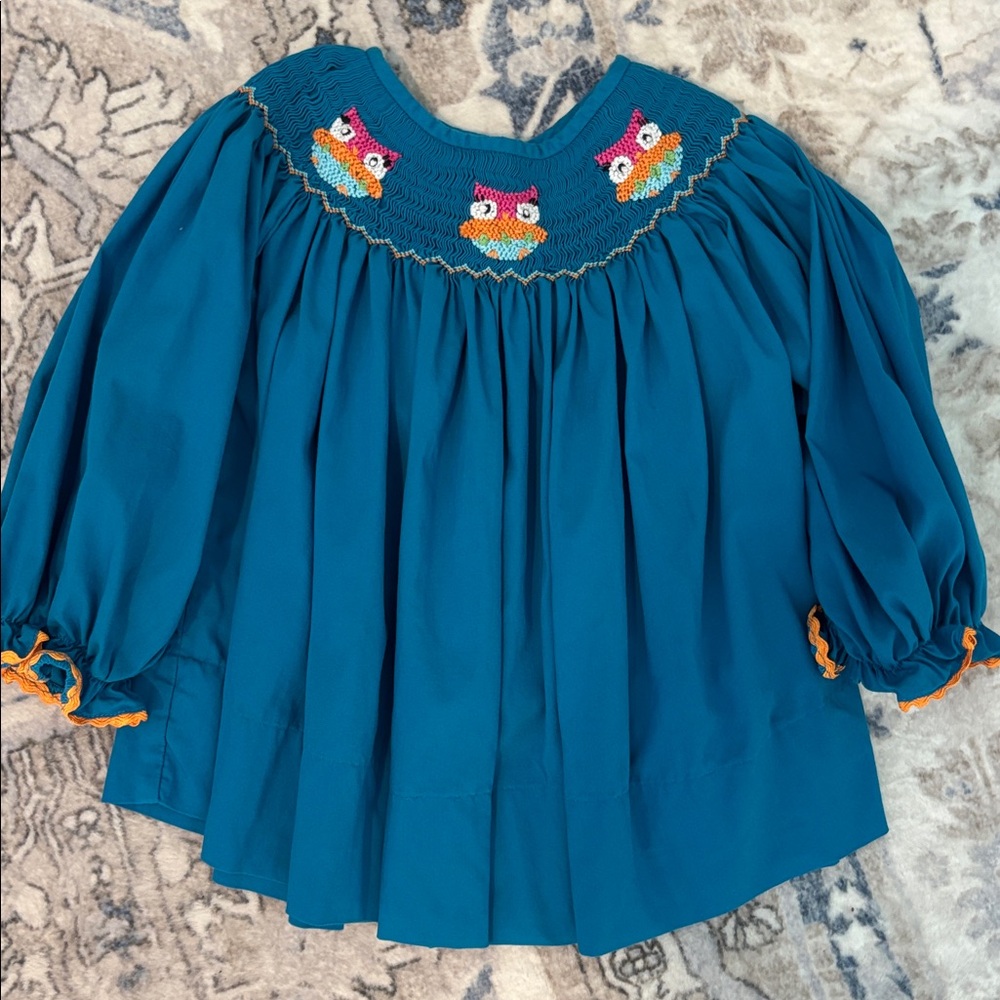 Smocked Beauty smocked dress size 2T owls teal color beautiful cotton blend